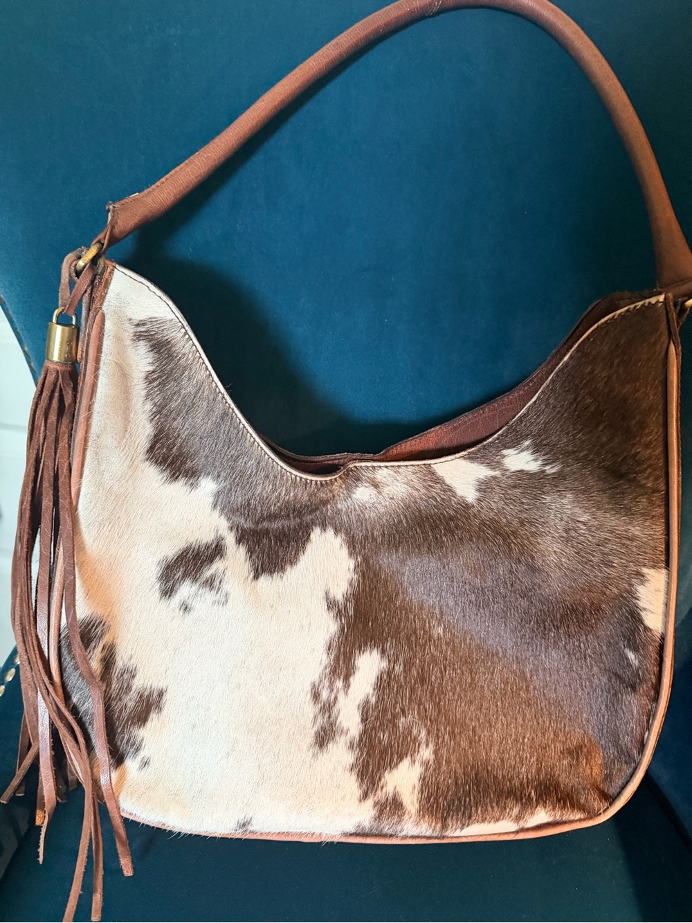 American Darling Brown and Cream Cowhide Hobo Shoulder Bag with Tassel